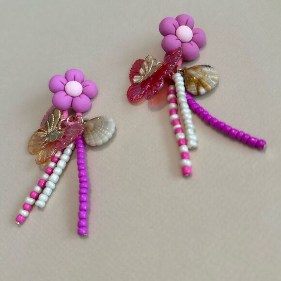 Boho pink flower earrings M704 - Picture 2 of 4